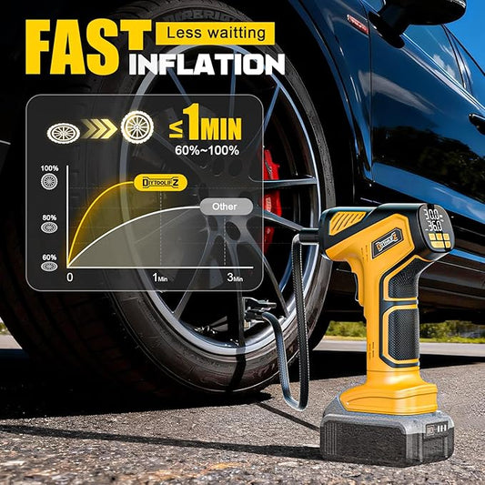 DIYtoolifz Cordless Tire Inflator Air Compressor Compatible with Dewalt 20V Battery (Tool Only), 150 PSI Portable Car Air Pump with Digital Pressure Gauge, Automatic Shut Off, LED Light