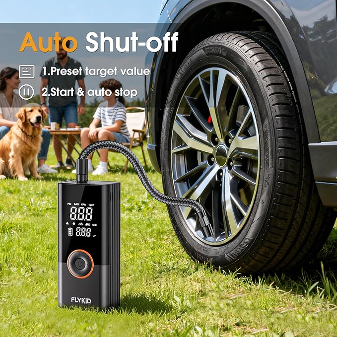 FLYKID Tire Inflator Portable Air Compressor - 150PSI Digital Air Pump for Car Tires, Fast Inflation for SUV/Motorcycle/Bicycle, LED Light, Rechargeable Battery - Roadside Emergency (Small)