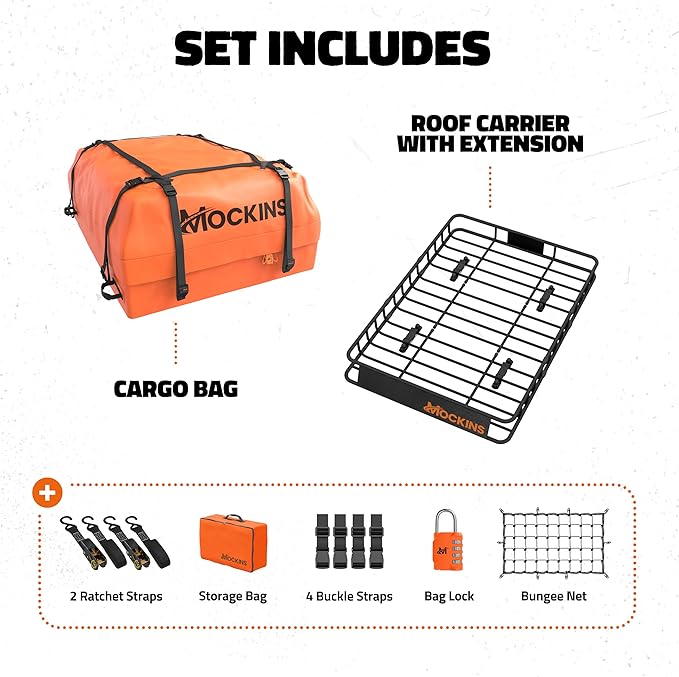 Mockins 50"x36"x4.5" Extendable Rooftop Cargo Carrier & 18 CuFt Orange Waterproof Roof Cargo Bag | 250 Lbs. Capacity Weatherproof SUV & Car Roof Rack Basket with Car Top Carrier Bag & Accessories