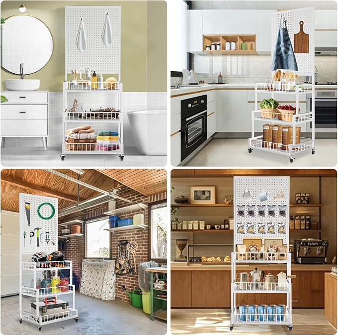 NectaCol Pegboard Panels, 3-Tiers Metal Pegboard Display Stand with Peg Board Panel, Standing Pegboard Display Rack, Craft Show Display, Art Display and Retail Display Stand with 10 Hooks - White