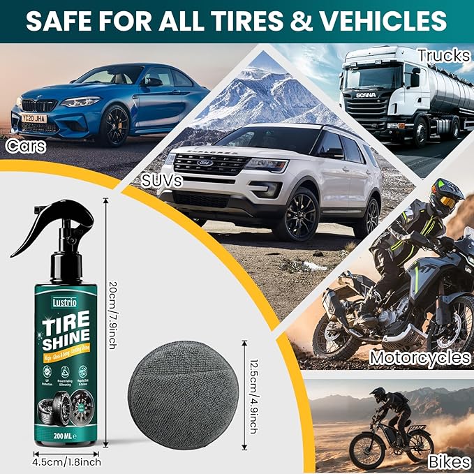 Tire Shine Spray – Heavy Duty Oil Based Tire Dressing with Applicator Sponge & Gloves – Long Lasting Wet Look Shine for Car Tires, Rubber Trims, Bumpers – Non Greasy Formula, Restores Black – 7oz