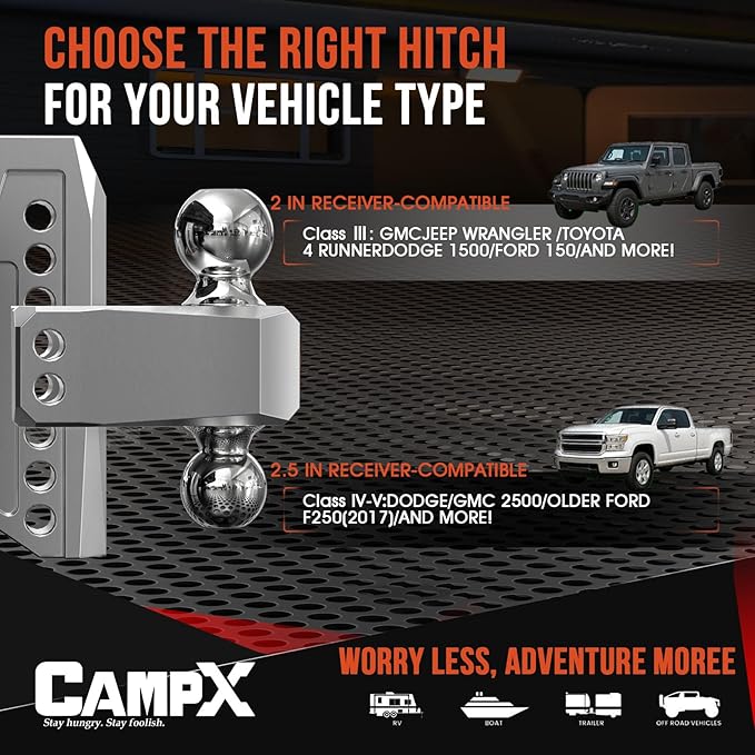 Adjustable Trailer Hitch Fits 2" Receiver, 6" Drop & Rise, Dual Solid Ball 2" and 2-5/16"(18,500 LBS GTW), Heavy Duty Aluminum Tow Hitch