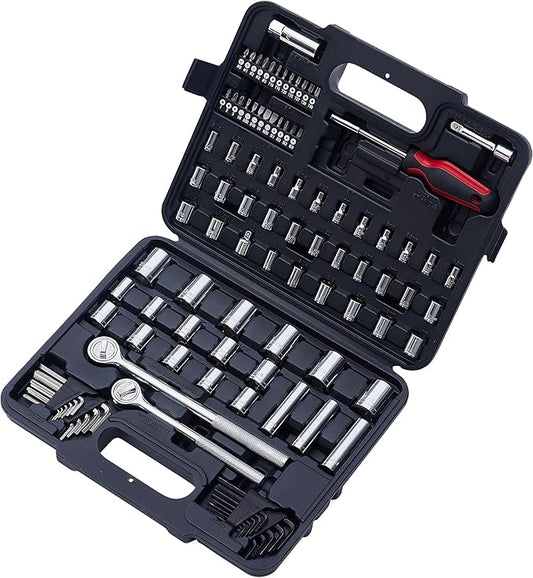 120-Piece Socket Wrench Set with 1/2" & 3/8" Drive Ratchets. Mechanics Tool Kit includes SAE & Metric Sockets, Deep Sockets, Spark Plug Socket, Bits & Hex Keys for Auto Repair, Garage & Gift