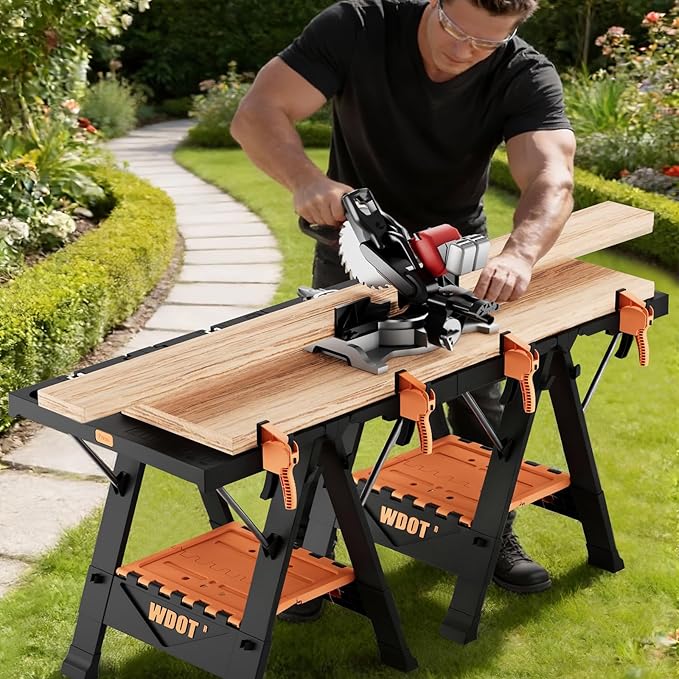 2-in-1 Folding Work Bench & Sawhorse, Easy Setup Portable Work Table, 31" W x 25" D x 32" H, Laser-Engraved Scale,Lightweight Worktable with Large Load Capacity, 2 Clamps & 6 Bench Dogs