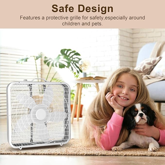 Xcity 20-Inch Box Fan, 3-Speed Quiet 2000 CFM Powerful Airflow, 70W Portable Floor Fan with Carry Handle for Bedroom, Office & Living Room, White