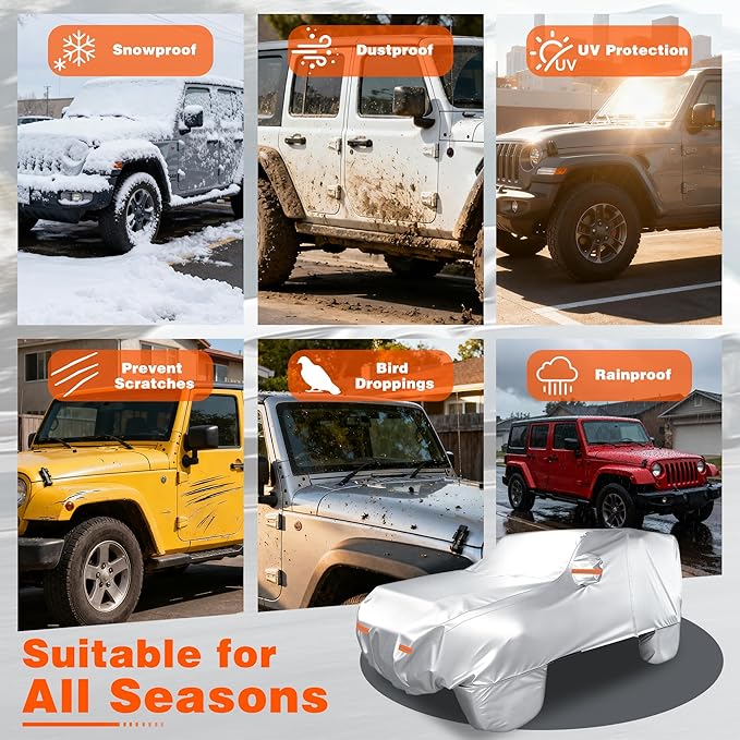 iCOVER Car Cover for Jeep Wrangler 4 Door, Waterproof Jeep Cover with Detachable Tire Covers, All Weather Outdoor Full Exterior Jeep Covers, Snow UV Protection Jeep Wrangler Cover, Fits up to 191"
