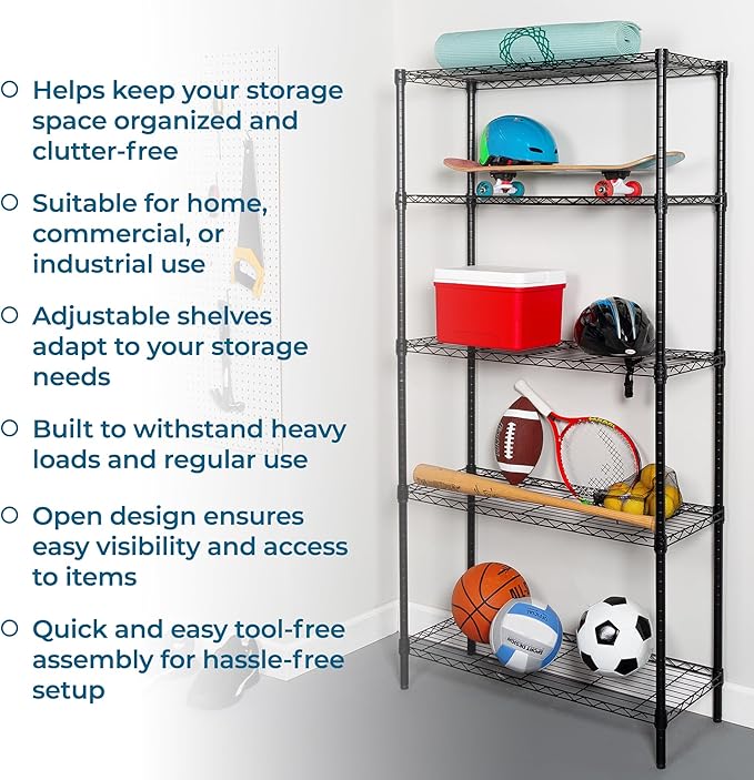 Honey-Can-Do 5-Tier Heavy-Duty Adjustable Shelves, Metal Storage Rack with 200-lb Shelf Capacity, Black, 14" W x 36" L x 72" H