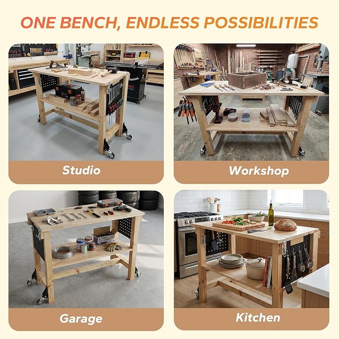 60" Heavy Duty Foldable Workbench with Transformable Wheels and Tool Storage Shelf, Max Load 2500 LBS, Rubber Wood Work Bench for Garage, Woodworking Table with Pegboard
