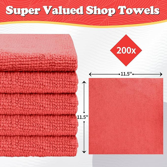 FIXSMITH Shop Towels, Red Microfiber Cleaning Cloth Bulk, 200 Pack Microfiber Towels for Cars, All-Purpose Absorbent Cleaning Rags, Dust Cloth for Automotive, Mechanic, Garage, Bar, 11.5 x 11.5 inch