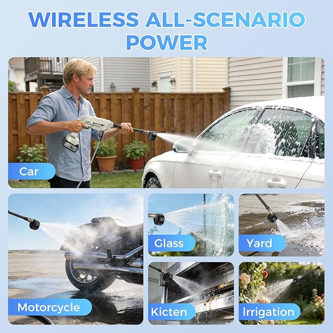 Cordless Pressure Washer, 1800PSI Pressure Electric Pressure Washer with Brushless Motor, 21V Battery×2 & Charger, Portable Handheld Power Washer with 6-in-1 Nozzle & Foam Cannon for Home