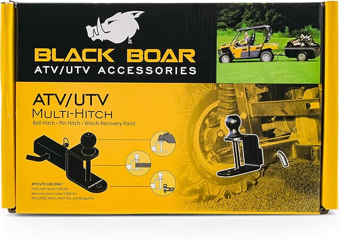 Black Boar UTV ATV Multi-Hitch - Features 2” Hitch Ball, 1-1/4” Shank - 6” (L) Shank - Hitch Ball has 2” Rise & Rated for 2,000lbs - Use w/Utility Trailers, Tow Straps & Other ATV Accessories (66024)