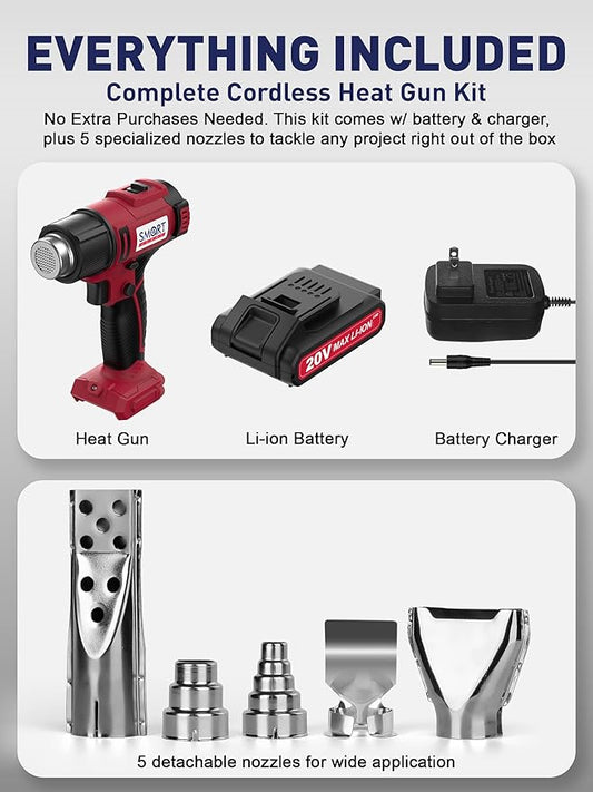 SMART JERRY - Cordless Heat Gun | Portable Heat Gun for Vinyl Wrap, Resin, Crafting, Shrink Tubing, Soldering & Candle Making | Battery Heat Gun Kit w/ 5 Nozzles (20V Li-ion Battery Included)