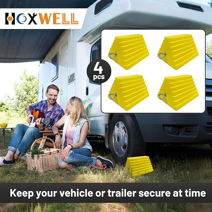 HOXWELL Premium 4 pcs Heavy Duty Wheel Tire Chocks, Vehicle Chocks with Eyebolt for Travel Trailers, Camper, Truck, Car and ATV 4 Pack, Yellow