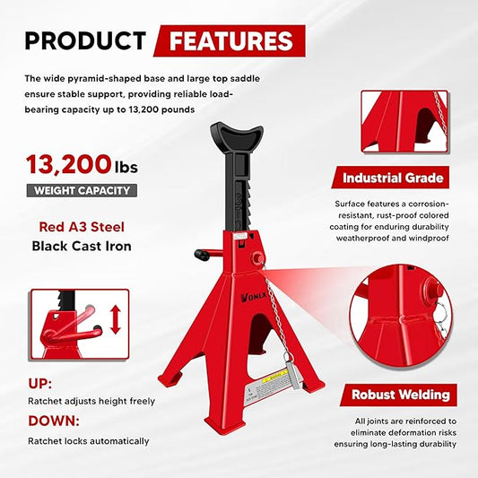 Car Jack Stands 6 Ton Adjustable Auto Floor Jackstands with Double Locking and Large Foot Base for Lifting SUVS, Heavy Duty Carbon Steel 13,200 lb Capacity 2 Pack