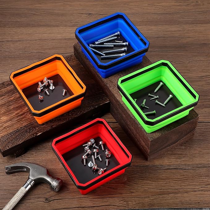 4 Pcs Foldable Magnetic Parts Tray, 4.25 Inch Square Foldable Silicone Tool Organizer with Dual-Sided Magnetic Base, for Screws, Bolts, Nuts, and Small Metal Parts Storage In 4 Colors