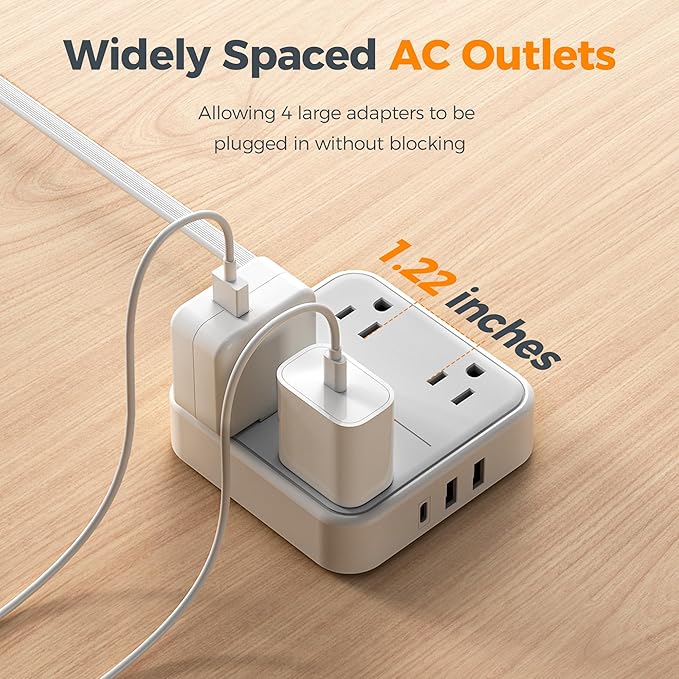 TESSAN Surge Protector Flat Extension Cord 5Ft, Flat Plug Power Strip with 4 Outlets 3 USB Ports (1 USB C), 1875W 15A, 900 Joules Protection, Multiple Wall Outlet Extender Suitable for Home, Grey