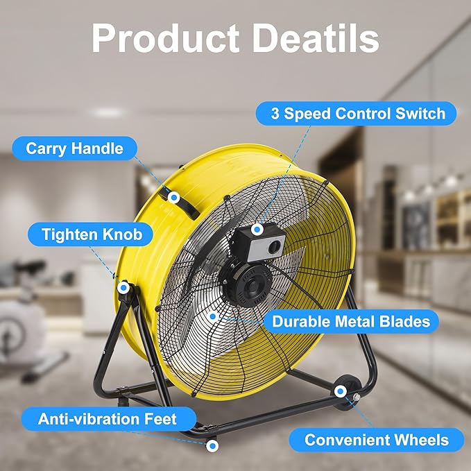 Uthfy 24 Inch Heavy Duty Industrial Drum Fan, High Velocity Floor Fan with 3 Speeds, 360° Tilt Metal Garage Fan for Warehouse, Commercial, Workshop, Factory and Basement, Light Yellow