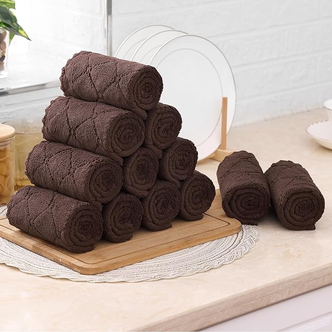 Mordimy 12 Pack Kitchen Towels (20" x 10", Dark Grey & Brown), Super Soft and Absorbent Dish Towels, Coral Velvet Microfiber Cleaning Cloth, Nonstick Oil Fast Dry Dish Cloths