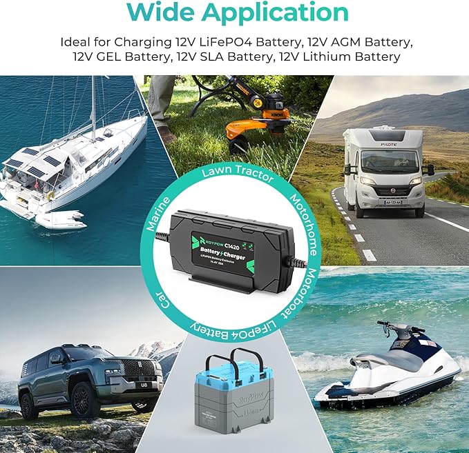 12V 20A Lithium Battery Charger, RoyPow 12V LiFePO4 Battery Charger 14.4V Smart Lithium Battery Chargers with M8 Ring Terminal, 12V battery Maintainer for Deep Cycle Rechargeable Battery of Boats, RVs