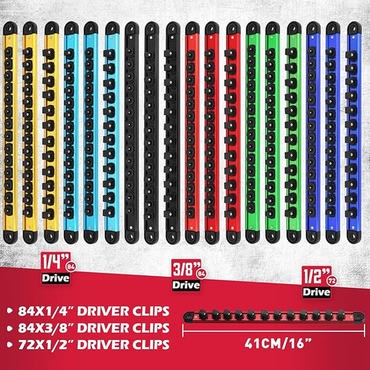 18-Piece Magnetic Socket Holder Organizer Set (Holds 240 Sockets), Heavy Duty 1/2, 3/8, 1/4-Inch Socket Racks Premium Quality Socket-Clip Rail Holder Aluminum Sockets Rack Kit for Tool Box Drawer