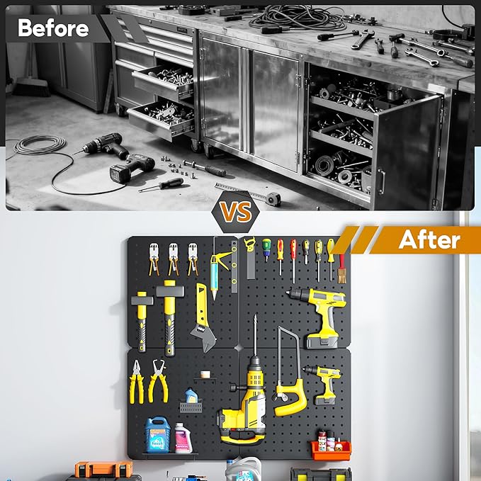 Peg Board, 68PCS Heavy Duty Metal Pegboard with Hooks, 4 Pack Black Peg Board Panels, 50lbs Load Capacity Each, Pegboard Wall Organizer for Garage, Workshop, Craft Rooms Total 24” x 24”