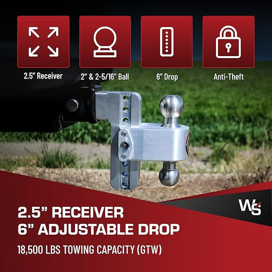 Weigh Safe Adjustable Trailer Hitch Ball Mount, 6" Adjustable Drop Hitch for 2.5" Receiver w/ 2 pc Keyed Alike Lock Set, Heavy Duty Aluminum Trailer Tow Hitch w/ Chrome Plated Tow Balls, 18,500 GTW