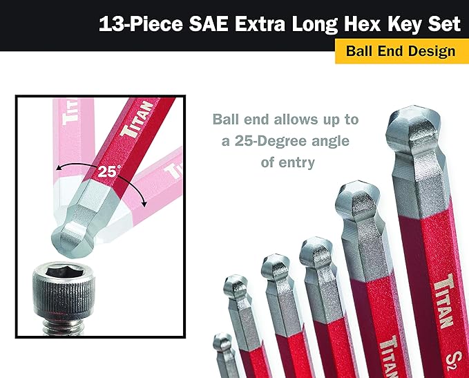 Titan 12713 Extra-Long Arm Ball Tip SAE Hex Key Set, 13 Piece