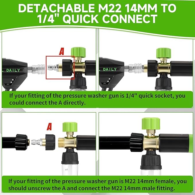 Tool Daily Short Pressure Washer Gun with Mini Foam Cannon, Dual Connector Accessory, 5 Power Washer Nozzle Tips, 1/4 Inch Quick Connect