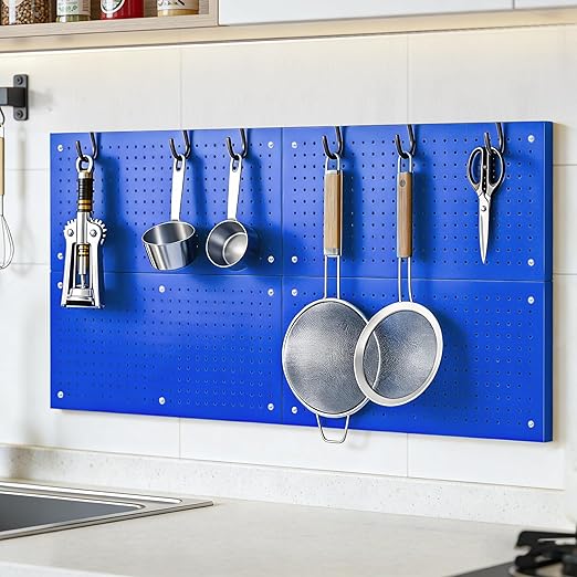 Metal Pegboard Panels 4 Pack, 24" x 12" Heavy Duty Rust-Proof Wall Organizer, Sturdy Steel Storage Board for Garage, Workshop & Craft Room, Blue