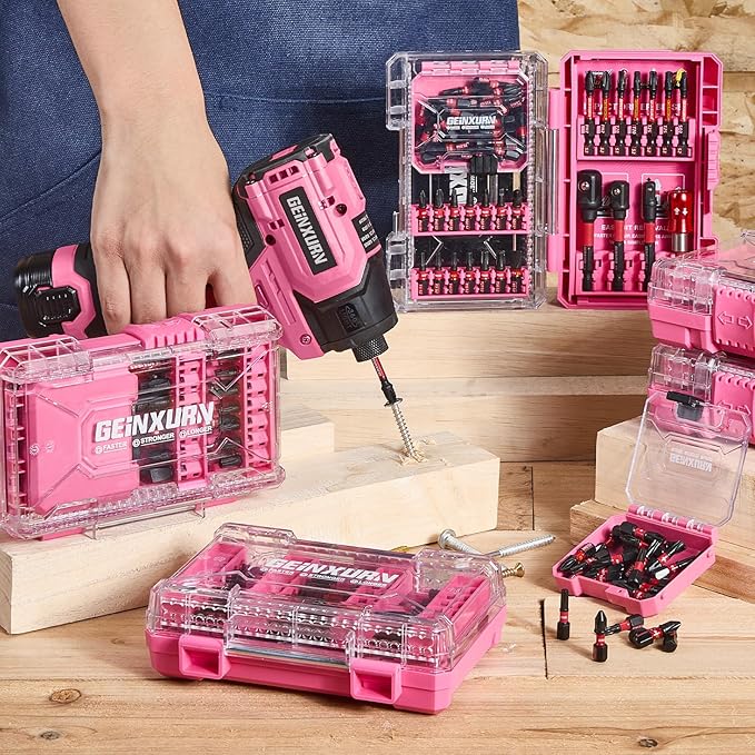 Geinxurn 28Pieces Impact Screwdriver Bits Set, Magnetic S2 Steel Phillips/Slotted/Square/Torx Insert Power Bits Tips, Impact Bit Holder with Pink Storage Box Case