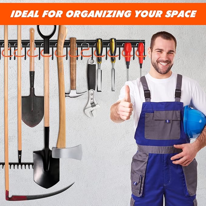 TVKB 34'' All Metal Garden Tool Organizer Wall Mount Garage Organizers and Storage with Hooks Tool Hangers for Shed