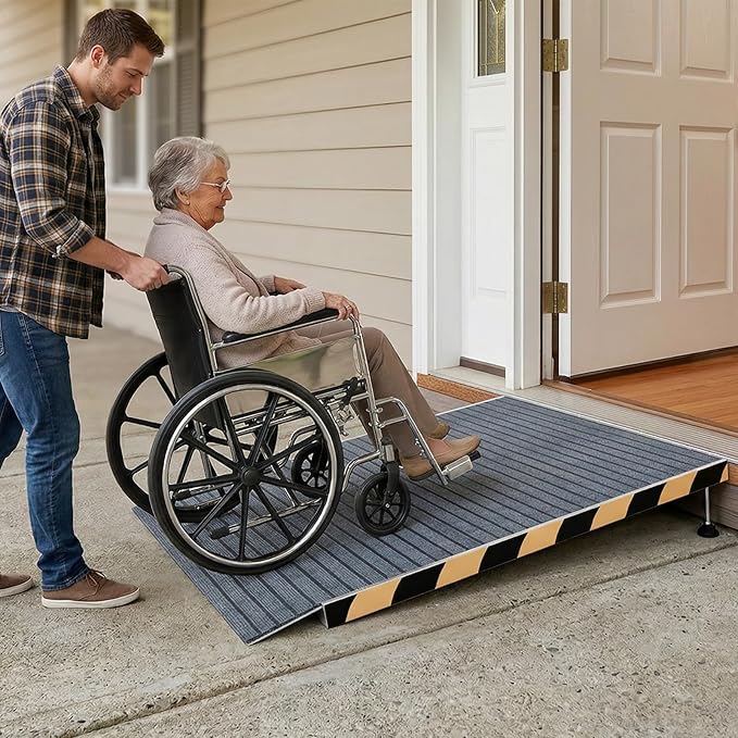 Adjustable Wheelchair Ramp for Door Thresholds, 36" Aluminum Threshold with 3.34"-6.3" Range, Includes Non-Slip Thick Door Mat, Portable Handicap Ramps for Steps, Curbs, Door Thresholds and Entryways