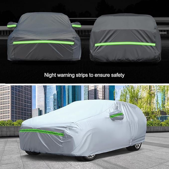 KEYOOG 6-Layer Full Car Cover is All-Weather Waterproof, All Seasons, Snow Prevention Rainproof, Acid Rainproof, Sunscreen, Ultraviolet-Proof, Fits Hatchbacks up to 173 ", Green Reflective Strip