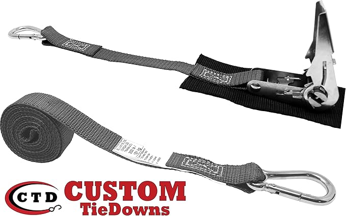 1 Inch Stainless Steel Ratchet Strap, Protective Pad Under Buckle Stainless Steel Carabiner Clip with Grommet On Each End, Fixed End Strap, Total Strap Length 8 Ft