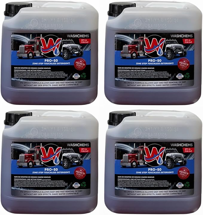 Wash Chems Pro 50 Touchless One Step Car Wash Detergent Soap Concentrate No Brushing, Commercial Grade Professional Auto Foam Cleaner Also Great for Trucks & Tractors (4, 1 gallon)