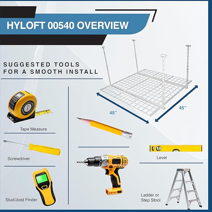 HyLoft Overhead adjustable Garage Storage Rack,Heavy Duty Steel Garage Storage System, 45-Inch x 45-Inch, White