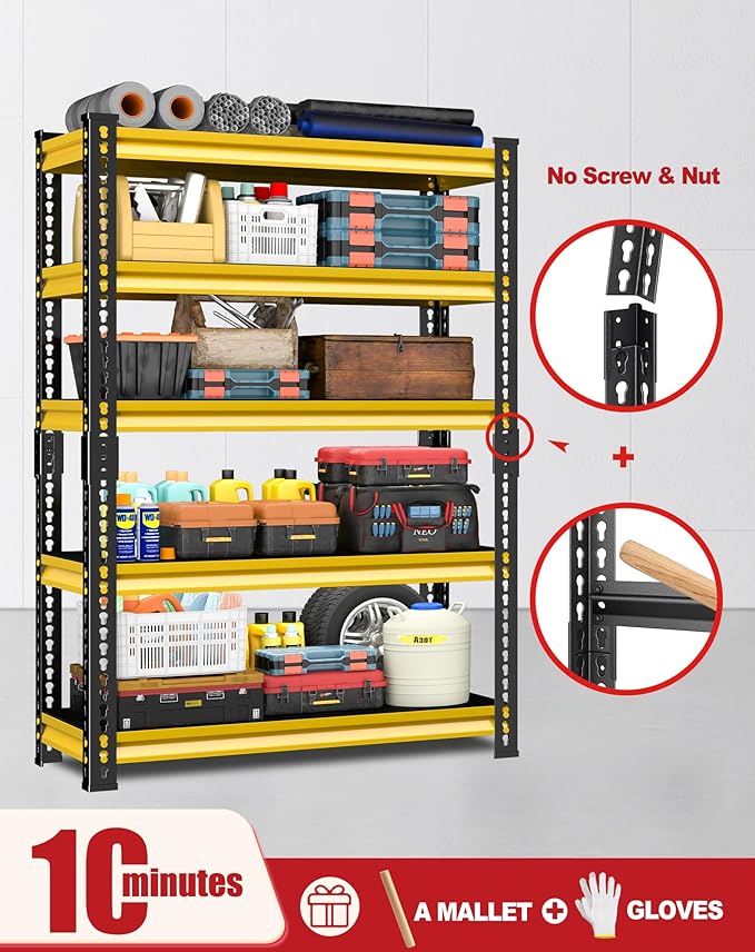 Garage Shelving Heavy Duty, 2200 Lbs Loads Garage Storage Shelves Heavy Duty, 5-Tier Metal Shelving Units and Storage for Basement, Retiple Tanks,40''Wx18 Dx72 H,Yellow
