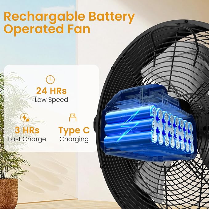 15" Rechargable Battery Operated Fan for Camping,12 Speeds Cordless Floor Fan,Rechargeable Portable Fan for Travel Indoor Outdoor, 12000mAh, 360°Manual Tilt