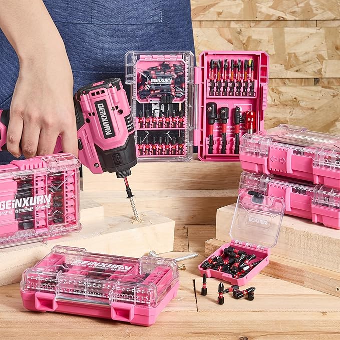 Geinxurn 40Pieces Impact Screwdriver Bits Set, Magnetic S2 Steel Phillips/Slotted/Square/Torx Insert Power Bits Tips, Impact Bit Holder with Pink Storage Box Case