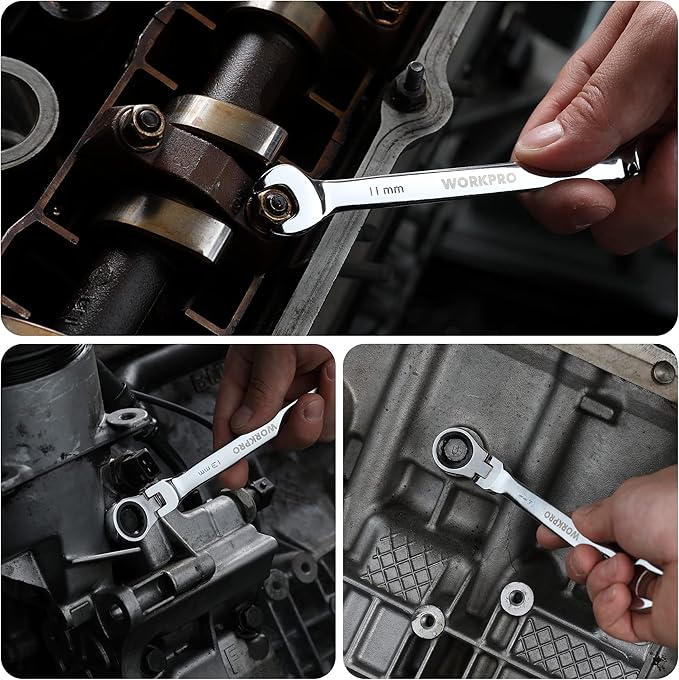 WORKPRO 8-piece Flex-Head Ratcheting Combination Wrench Set, Metric 8-17mm, 72-Teeth, Cr-V Constructed, Mirror Polished Chrome Plated with Roll Up Pouch