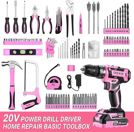 Pink Power Drill Tool Kit Set: 20V Cordless Electric Drill, Driver, Tool Box with Battery