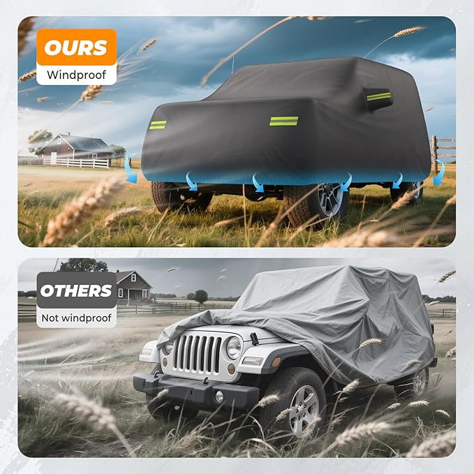 KAKIT 6 Layers Heavy Duty Covers for Jeep 2007-2020 4 Door Waterproof & All Soft Inside with Windproof Strap & Driver Door Zipper