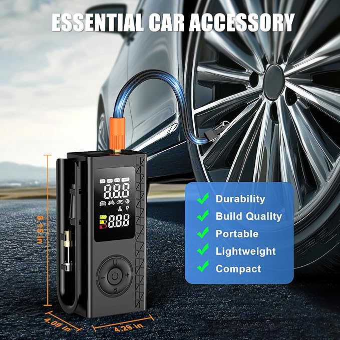 Tire Inflator Portable Air Compressor, 150PSI Cordless Air Pump For Car Tires, Bike Pump, Motorcycle, Balls with Digital Pressure Gauge, LED Light and Auto Shut-Off Function, Car Accessories, Black