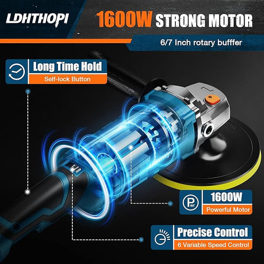 LDHTHOPI Buffer Polisher, 1600W 7 Inch/6 Inch Rotary Buffer Polisher Waxer, 7 Variable Speed 1000-3500 RPM, Detachable Handle for Car, Boat Sanding, Polishing, Waxing