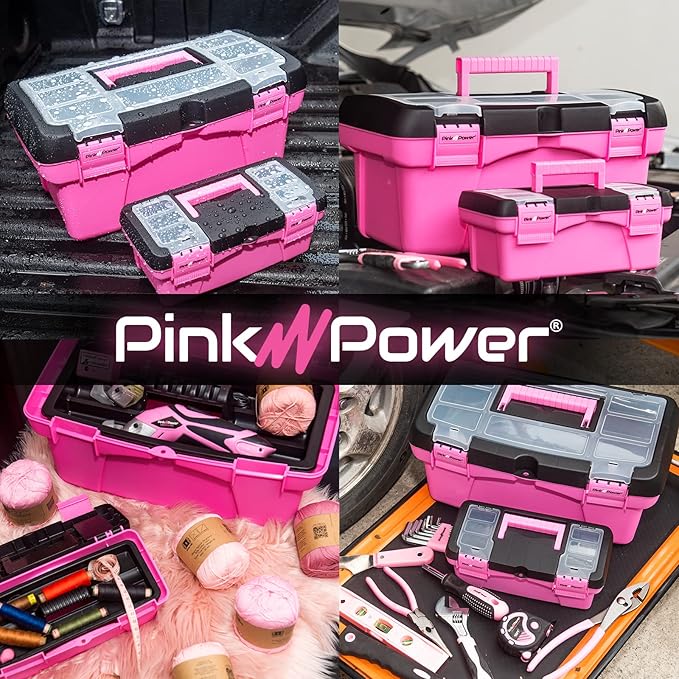 Pink Tool Box for Women - Sewing, Art & Craft Organizer Small & Large Plastic Tool Box with Handle - Pink Toolbox Sewing Tool Storage Box - Portable Mini Locking Tool Boxes (2 Pack)