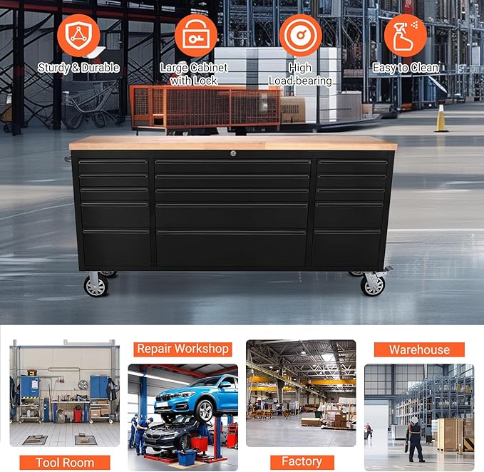 72-Inch Heavy-Duty Rolling Tool Chest & Mobile Workbench with 15 Drawers, Steel Storage Cabinet with Rubber Wood Top, Key Lock, Drawer Liners and Wheels for Garage, Workshop, Black
