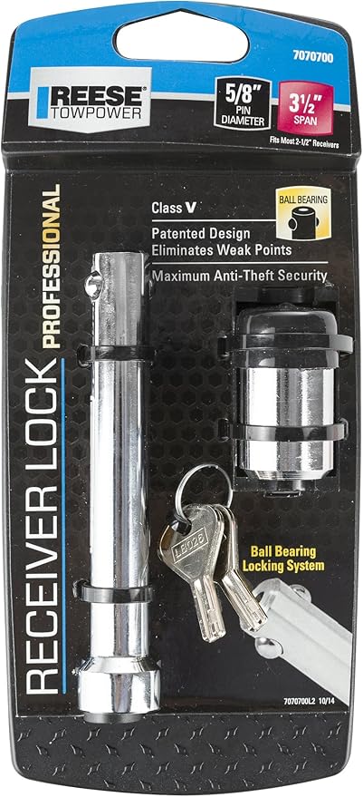 Reese 7070700 Class V DogBone Style Receiver Trailer Hitch Lock, Fits 2-1/2 Inch Square Receiver, 5/8 Inch Pin Diameter, Professional, Chrome