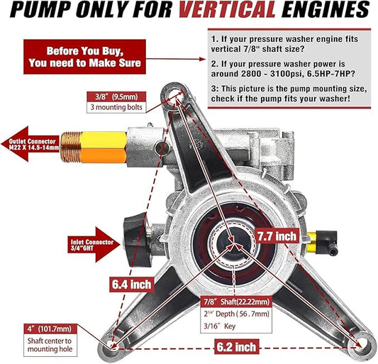 7/8" Shaft Vertical Pressure Washer Pump Max 3100 PSI Power Washer Pump Replacement Rear Inlet/Outlet 2800-3100 PSI, Compatible with Honda,GCV160,GCV190,Homelite,Craftman,Simpson,Briggs&Stratton