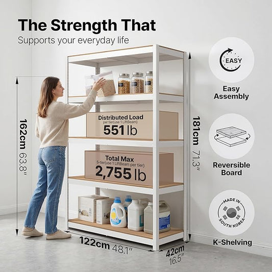 HOMEDANT House 48.1" W 5 Tier Heavy Duty Garage Shelving Adjustable Metal Rack Storage Shelves Standing Shelf Unit Organizers Industrial Warehouse Basement White 1Pack