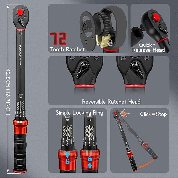 1/2-Inch Drive Torque Wrench 10-170ft.lb/13.6-230.5Nm, ±3% Precision Dual Direction Torque Wrenches with 72-Tooth Dual Range Scales